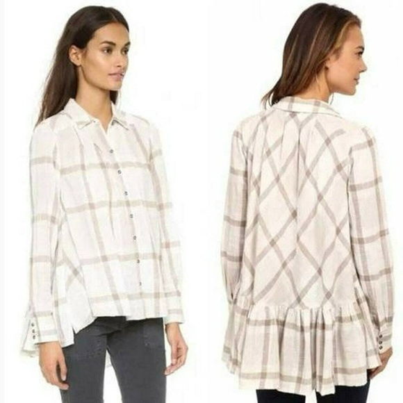 FREE PEOPLE Preppy In Plaid Button Down Ruffle Hem Tunic Flannel Blouse Top - Picture 1 of 8